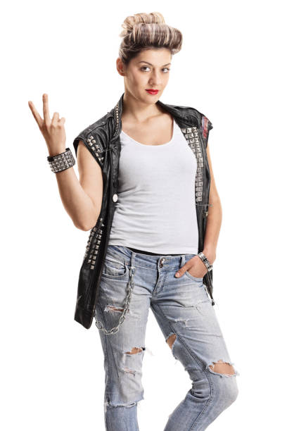 istock Punk girl making peace sign and looking at the camera 670838826