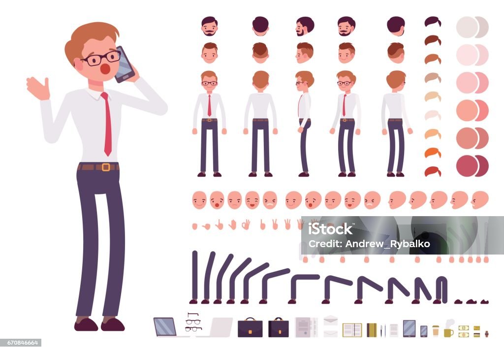 Male clerk character creation set Male clerk character creation set. Full length, different views, isolated against white background. Build your own design. Cartoon flat-style infographic illustration Characters stock vector