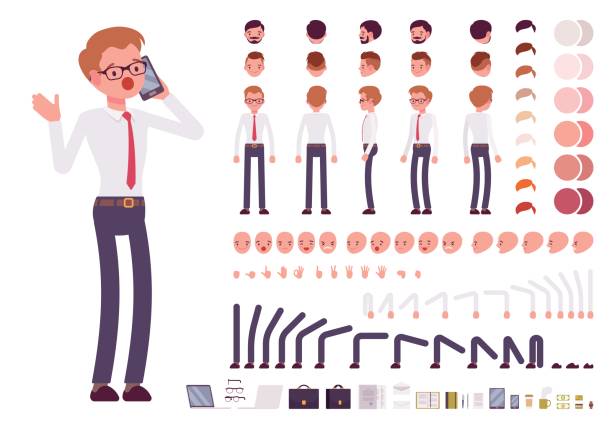 Male clerk character creation set Male clerk character creation set. Full length, different views, isolated against white background. Build your own design. Cartoon flat-style infographic illustration file clerk stock illustrations