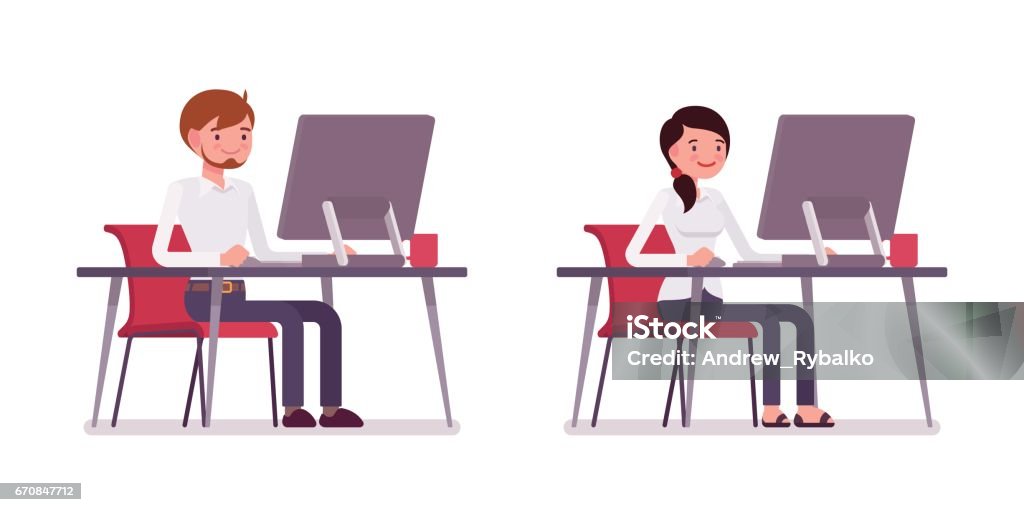 Juego de macho y hembra oficinista sentado frente a la computadora - arte vectorial de Escritorio libre de derechos