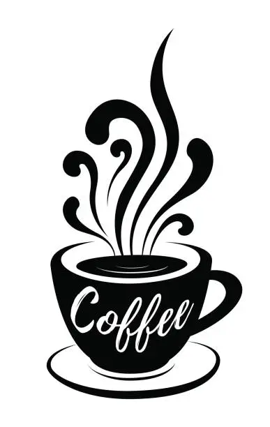 Vector illustration of Coffee stylized lettering on coffee cup with steam hand drawn vector illustration on white background