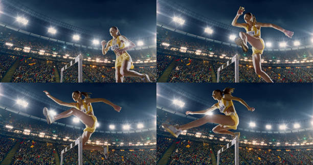 female athlete hurdle on sports race - hurdling hurdle running track event imagens e fotografias de stock