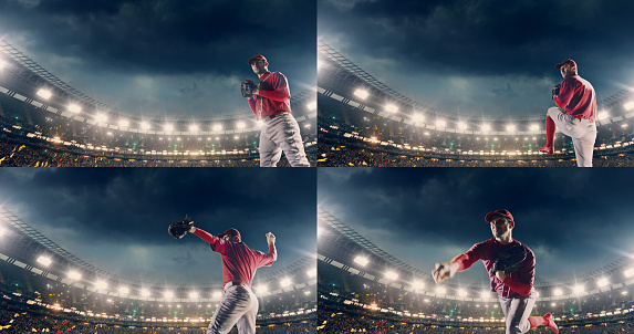 Baseball pitcher throwing a ball during game on the professional stadium full of people. The stadium is made in 3D with animated crowd.