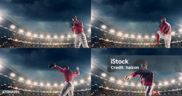Foto de Arremessador De Beisebol Lançando Uma Bola Durante O Jogo e mais fotos de stock de Beisebol