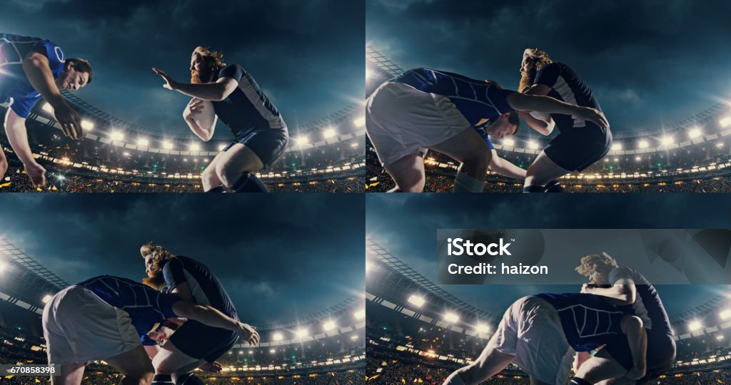 Rugby player jumps with a ball Professional rugby player runs with a ball but is blocked by the opposite team player. The action takes place on a professional sports arena with bleaches full of people. Arena and people on it are made in 3D and animated. Rugby - Sport Stock Photo