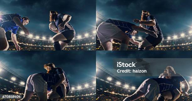 Foto de Jogador De Rugby Salta Com Uma Bola e mais fotos de stock de Liga de Rúgbi - Liga de Rúgbi, Rugby - Esporte, Obstruir