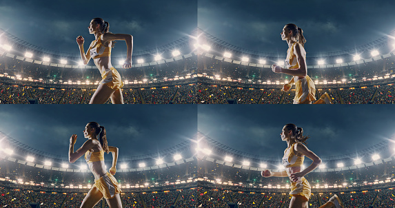 Female track and field runner on the professional sports arena with bleaches full of people. The woman is concentrated. Arena and people on it are made in 3D and animated.