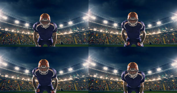 Photo of an American football player is cheering on a professional sports stadium. The stadium is made in 3D with animated crowd.