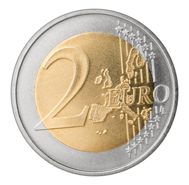 due euro moneta isolata - european union coin one euro coin one euro cent coin foto e immagini stock