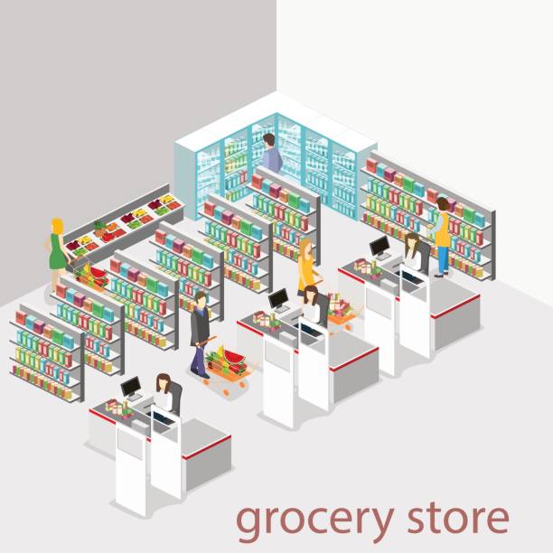 Isometric interior of grocery store. Isometric interior of grocery store. Shopping mall flat 3d isometric concept web vector illustration. supermarket aisles vector stock illustrations