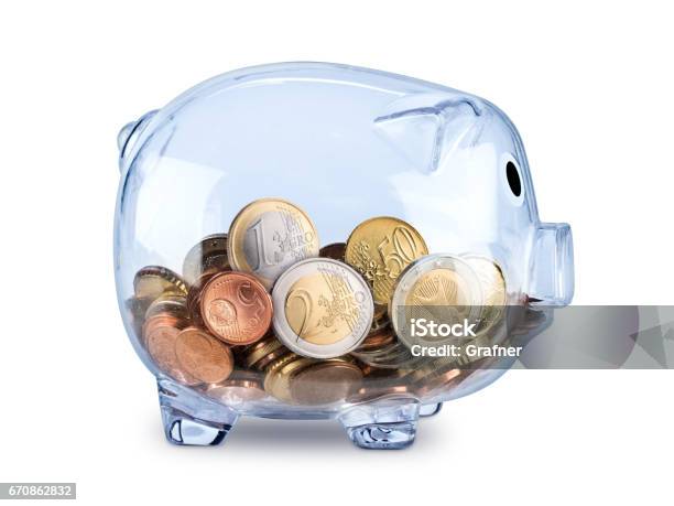 Transparent Piggy Bank Filled With Euro Coins Stock Photo - Download Image Now - Transparent, Wages, Paying