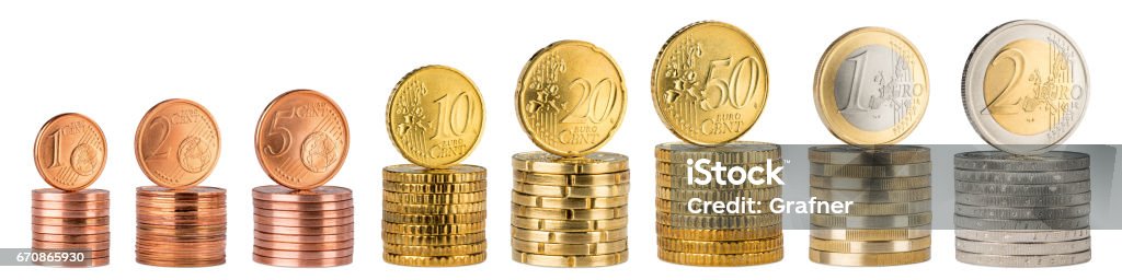 euro coin stack collection stack row set collection of every euro cent coin isolated on white background Germany Stock Photo