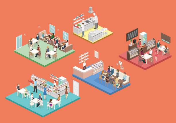 izometrický vektorový interiér cukrárny, kavárny, jídelny a restaurační kuchyně. - bufet podnik podávající na jídlo a pití stock ilustrace