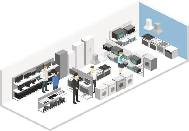 Vector illustration of Isometric flat 3D interior household equipment store, computer shop