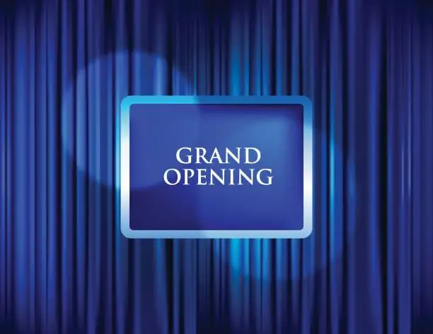 Vector illustration of Grand opening with blue curtain background