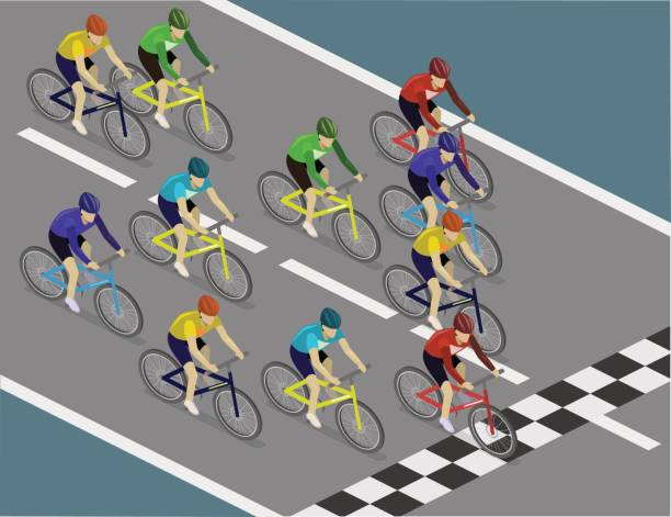 ilustraciones, imágenes clip art, dibujos animados e iconos de stock de grupo plano isométrico del hombre de ciclistas en bicicleta de carretera carreras. - velódromo