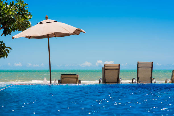 istock Tropical beach resort with lounge chairs and umbrella 670870992