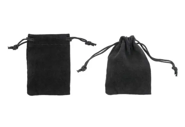 It is two black drawstring bag packaging isolated on white background.Drawstring bag isolated