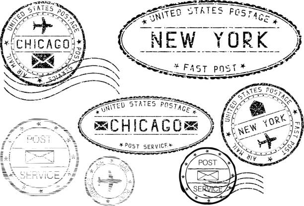 istock Black mail stamps of New York and Chicago. Partially faded 670879658