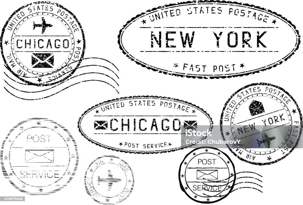 Black Mail Stamps Of New York And Chicago Partially Faded Stock  Illustration - Download Image Now - iStock