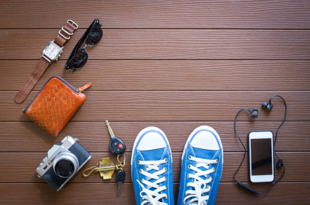 istock Travel accessories on wooden background 670879804