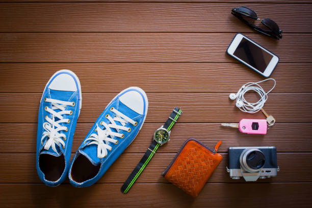 istock Travel accessories on wooden background 670880852