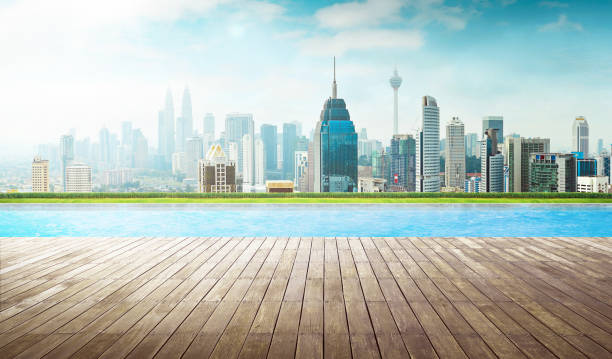 istock Empty wooden deck with swimming pool , Beautiful pool side view with  city skyline . 670887216
