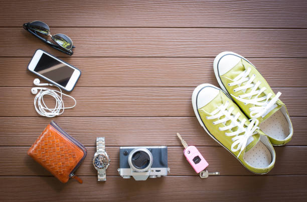 istock Travel accessories on wooden background 670887246