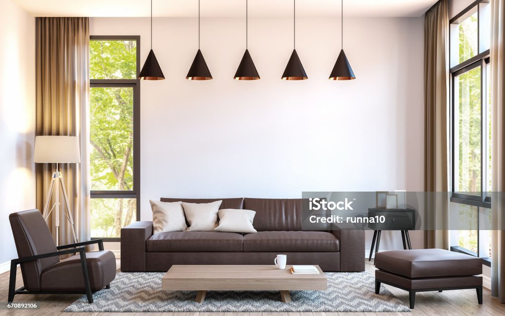 Modern living room decorate with  brown leather furniture 3d rendering image Modern living room decorate with  brown leather furniture 3d rendering image.There are large window overlooking to nature and forest Sofa Stock Photo