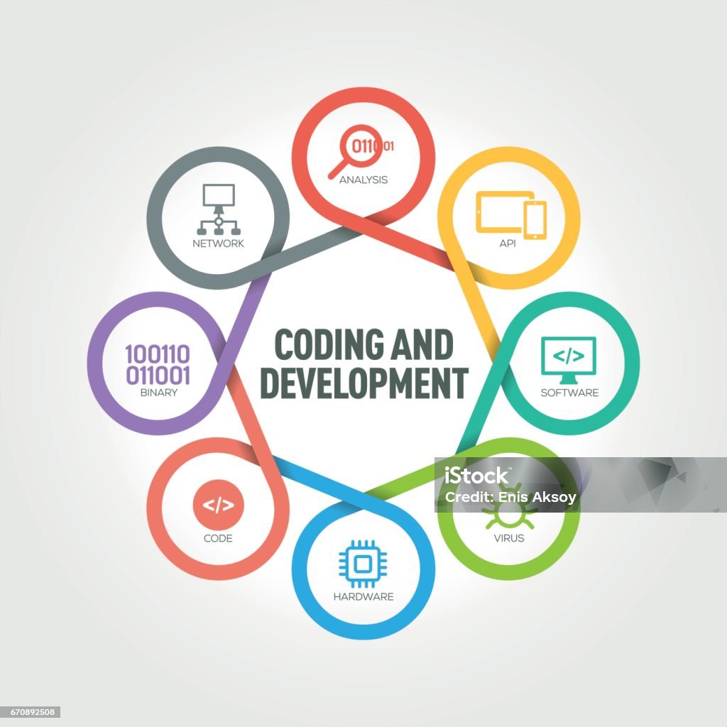 Coding Development Path Coding And Development Infographic With 8 Steps Parts Options Stock ...