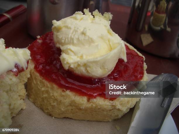Scone With Jam And Clotted Cream Close Up Stock Photo - Download Image Now - Capital Cities, Cornwall - England, English Culture