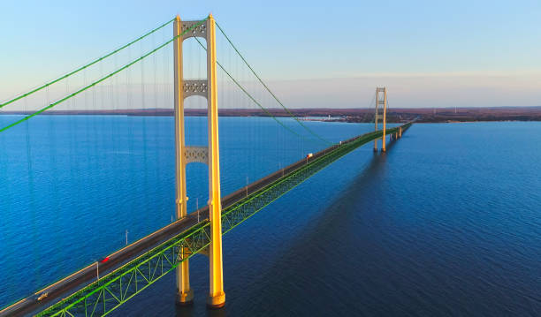 Michigan's Mackinac Bridge at sunset.