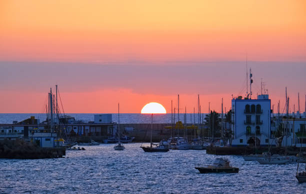 The sun sets over the coastal town of Mogan in Gran Canaria
