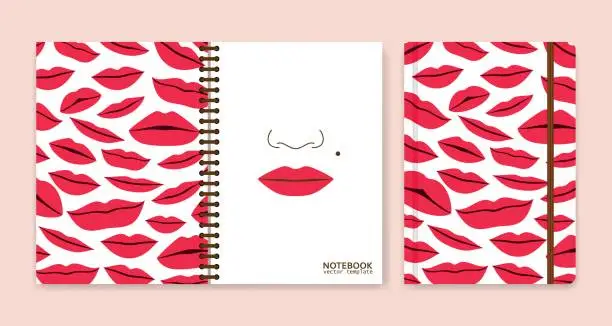 Vector illustration of Cover design for notebooks or scrapbooks with lips. Vector illustration.