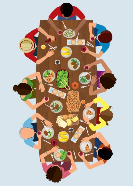 ilustraciones, imágenes clip art, dibujos animados e iconos de stock de vista superior del almuerzo familiar - cena ilustraciones