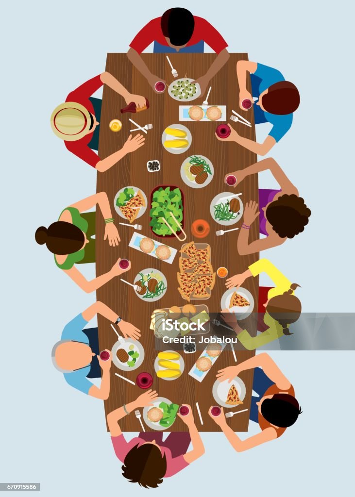 Family Lunch Top View Vector illustration of an aerial view over a table with a large family and friends taking his lunch High Angle View stock vector
