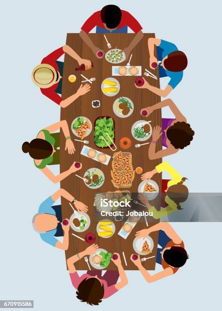 Family Lunch Top View Stock Illustration - Download Image Now - High Angle View, Table, Food