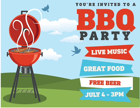 Horizontal Backyard BBQ on a blue sky with grass in the back.  Party invitation. Lots of room for text. Ideal for a template or summer party invitation.