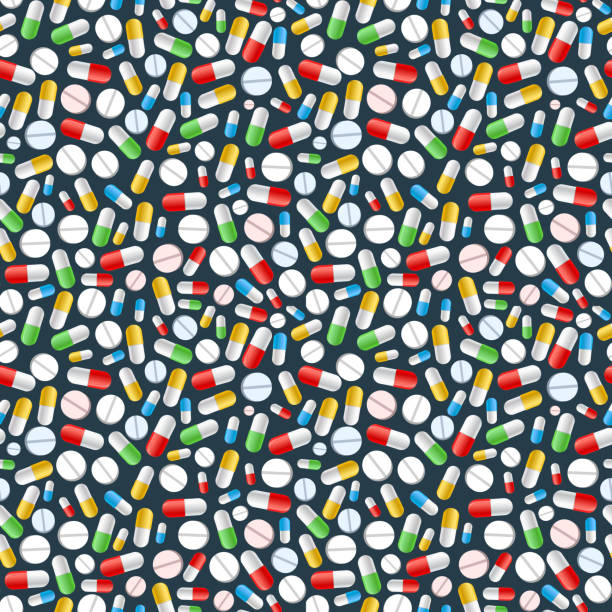 ilustraciones, imágenes clip art, dibujos animados e iconos de stock de píldoras coloridas sobre fondo oscuro, patrón sin costuras - pharmacy medicine narcotic nutritional supplement