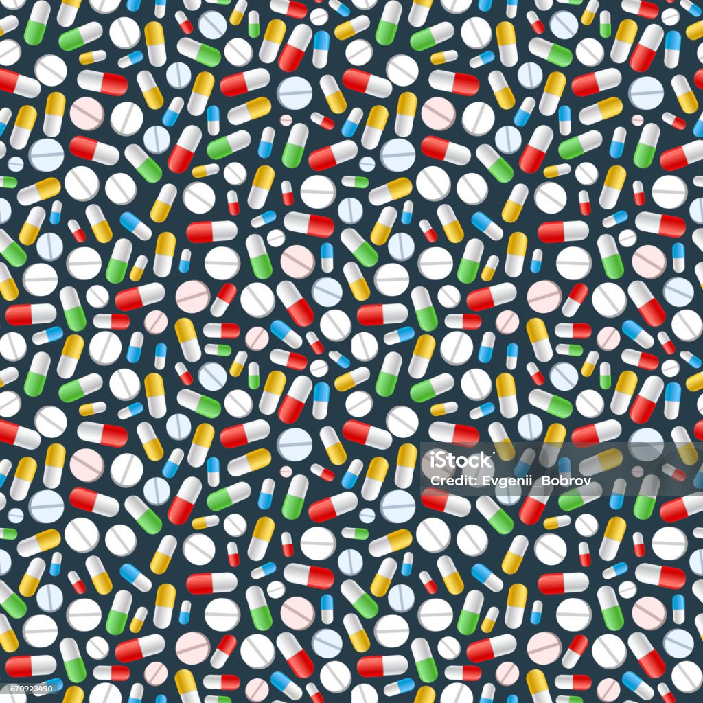 Colourful pills on dark background, seamless pattern Different colourful pills on dark background, seamless pattern Pill stock vector