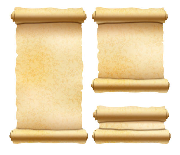illustrazioni stock, clip art, cartoni animati e icone di tendenza di il vecchio papiro strutturato scorre diverse forme isolate sul bianco - parchment scroll paper document