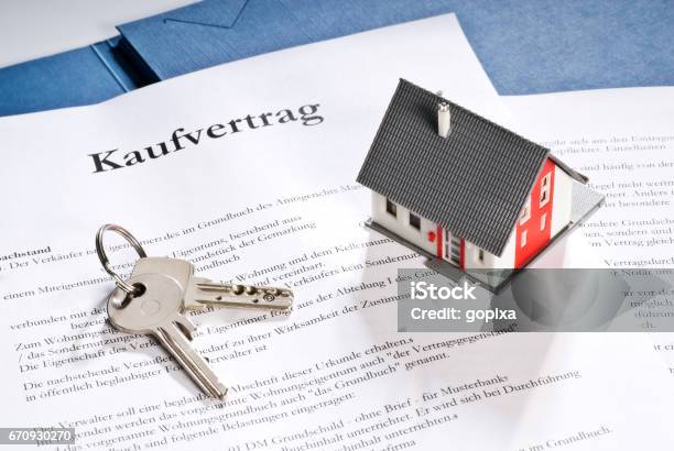 House With Key And Purchase Contract Stock Photo - Download Image Now - Buying, House, Detached House