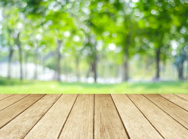 istock Perspective wood over blur trees with bokeh background, product display montage,  spring and summer season 670938344