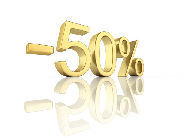 istock Gold text 50 percent off on white background with reflection 3D render 670941512