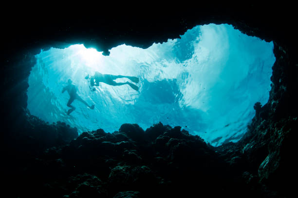 藍洞和浮潛的遊客 - 伯利茲 個照片及圖片檔