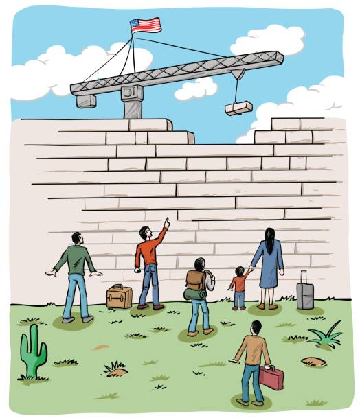 many people  refugees on a border wall with a crane and USA flag many people  refugees on a border wall with a crane and USA flag immigrants crossing sign stock illustrations