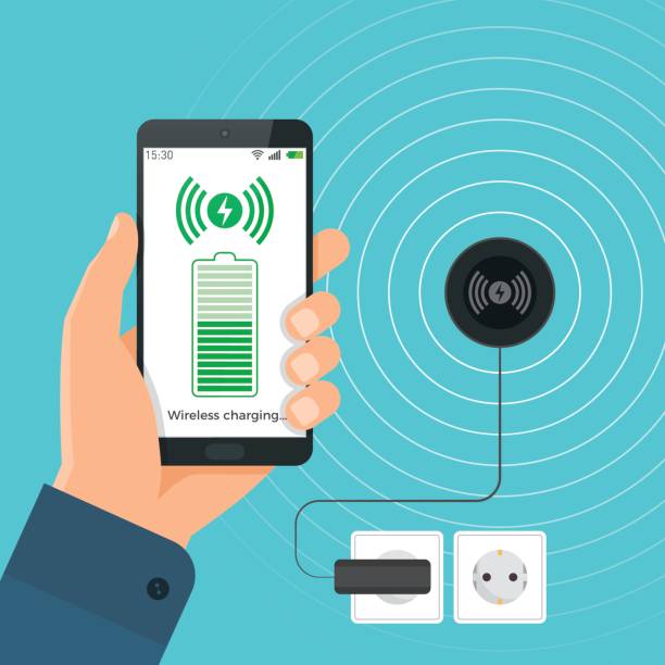 The process of wireless charging a smartphone using a device. The process of wireless charging a smartphone using a device. Vector illustration. phone cover isolated stock illustrations