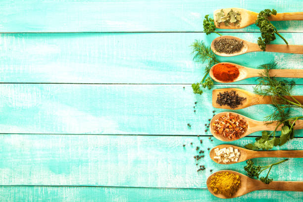 istock Various spice on wooden spoons with herbs 670963600
