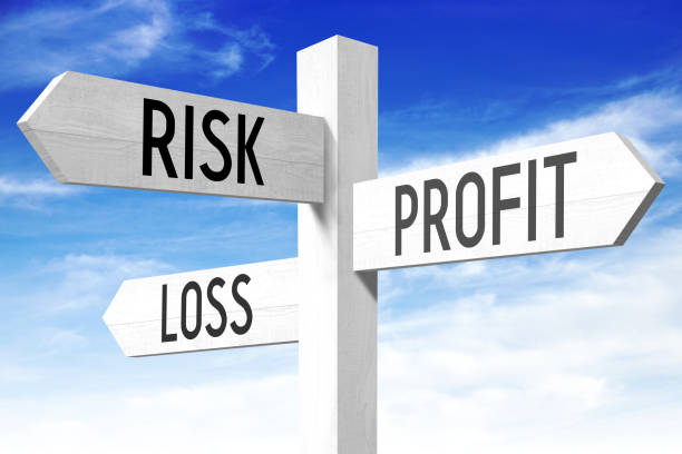 istock Profit, risk, loss - wooden signpost 670967282