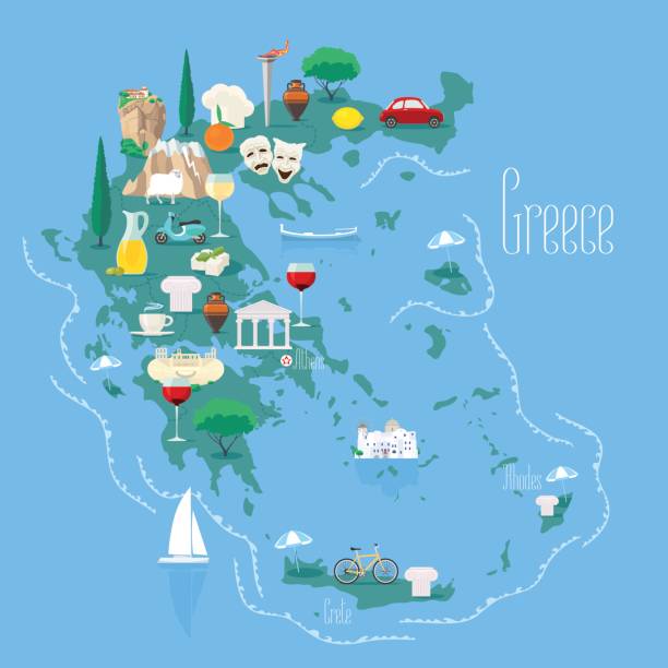 Map of Greece with islands  vector illustration, design element Map of Greece with islands  vector illustration, design element. Icons with Greek landmarks and touristic attractions. Travel to Greece concept image santorini stock illustrations